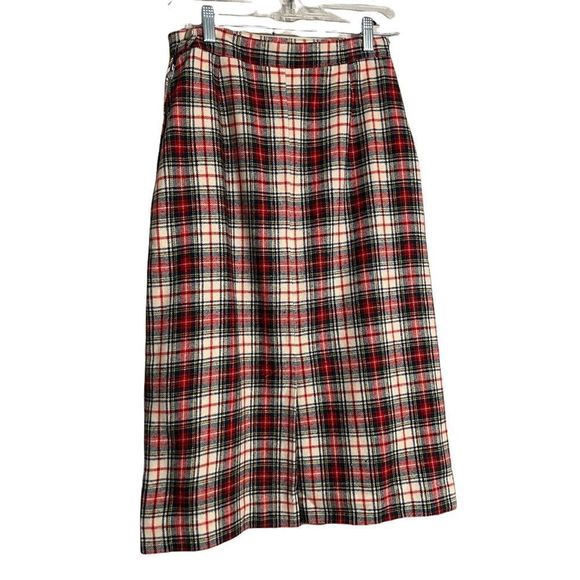 Vintage Pendleton Red Green Plaid Virgin Wool Skirt Sz 12 Waist 26” - Picture 4 of 12